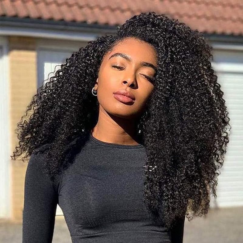 CindiRiver Half Wig Human Hair Kinky Curly Flip Over Wig 230% Density with Drawstring Seamless Clips Glueless Natural Black Ready to Wear Wigs for Women 26 Inch