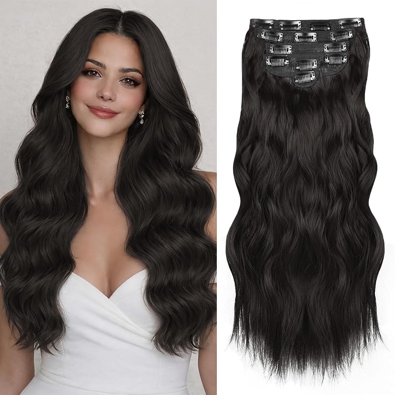 NAYOO Clip in Hair Extensions, 20 Inch Wavy Synthetic Hairpieces 6PCS