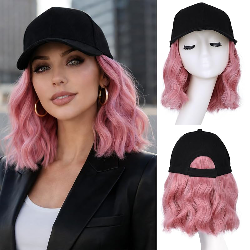 AISI QUEENS Hat Wig Hat with Hair Attached for Women Cap with Hair Attached for Women Baseball Cap Wig Extensions Short Wave Synthetic Adjustable for Daily Use(14inch)