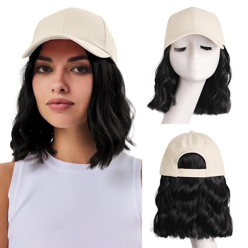 AISI QUEENS Hat Wig Hat with Hair Attached for Women Cap with Hair Attached for Women Baseball Cap Wig Extensions Short Wave Synthetic Adjustable for Daily Use（14inch）