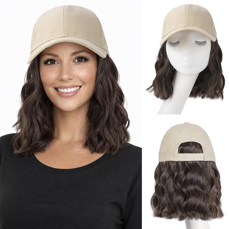 AISI QUEENS Hat Wig Hat with Hair Attached for Women Cap with Hair Attached for Women Baseball Cap Wig Extensions Short Wave Synthetic Adjustable for Daily Use（14inch）