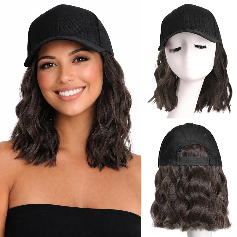 AISI QUEENS Hat Wig Hat with Hair Attached for Women Cap with Hair Attached for Women Baseball Cap Wig Extensions Short Wave Synthetic Adjustable for Daily Use(14inch)