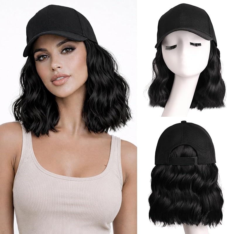 AISI QUEENS Hat Wig Hat with Hair Attached for Women Cap with Hair Attached for Women Baseball Cap Wig Extensions Short Wave Synthetic Adjustable for Daily Use（14inch）