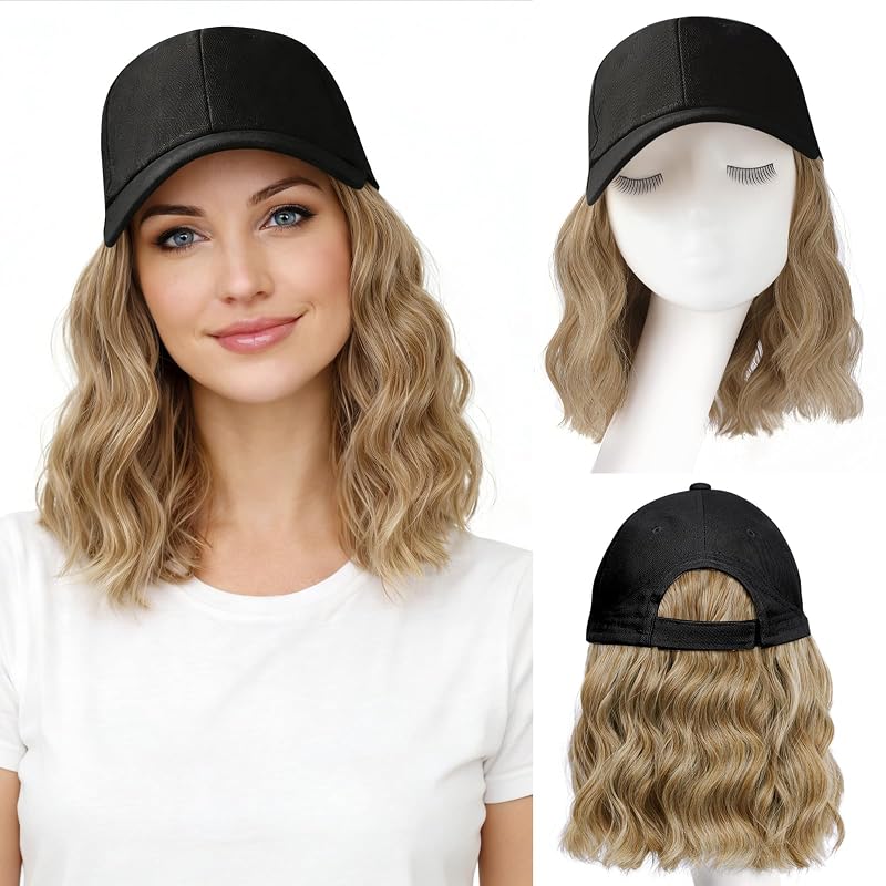 AISI QUEENS Hat Wig Hat with Hair Attached for Women Cap with Hair Attached for Women Baseball Cap Wig Extensions Short Wave Synthetic Adjustable for Daily Use（14inch）