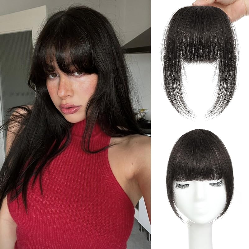 MEDO Clip in Bangs for Women, 100% Real Human Hair Brown Black Bangs Hair Clip, French Bangs with Temples Extensions for Women