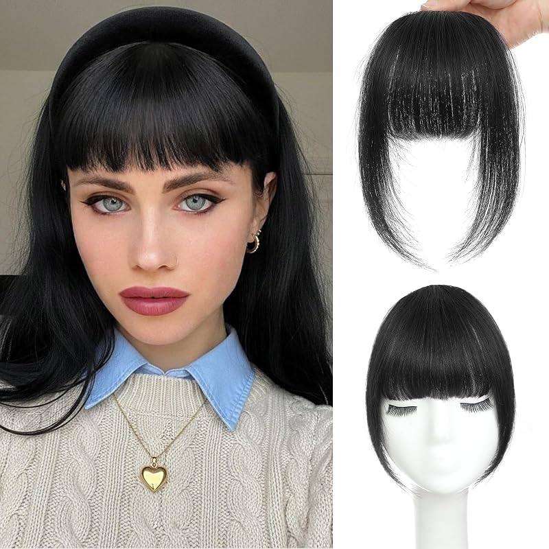 MEDO Clip in Bangs for Women, Black Bangs Hair Clip Human Hair, French Bangs Fringe with Temples Hairpieces for Women