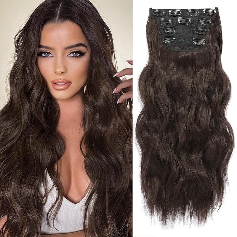 20” Brown Clip in Hair Extensions Long Wavy Synthetic Extensions for Women