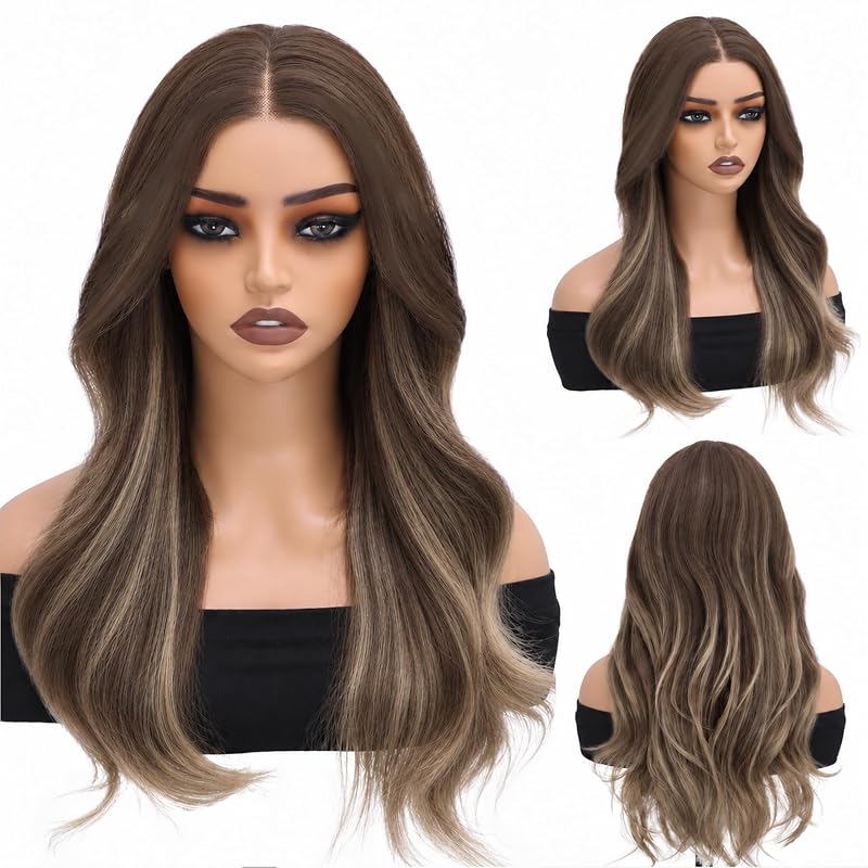 Ash brown highlights 13x4 Synthetic Lace Front Wig 22 Inch Natural Hairline