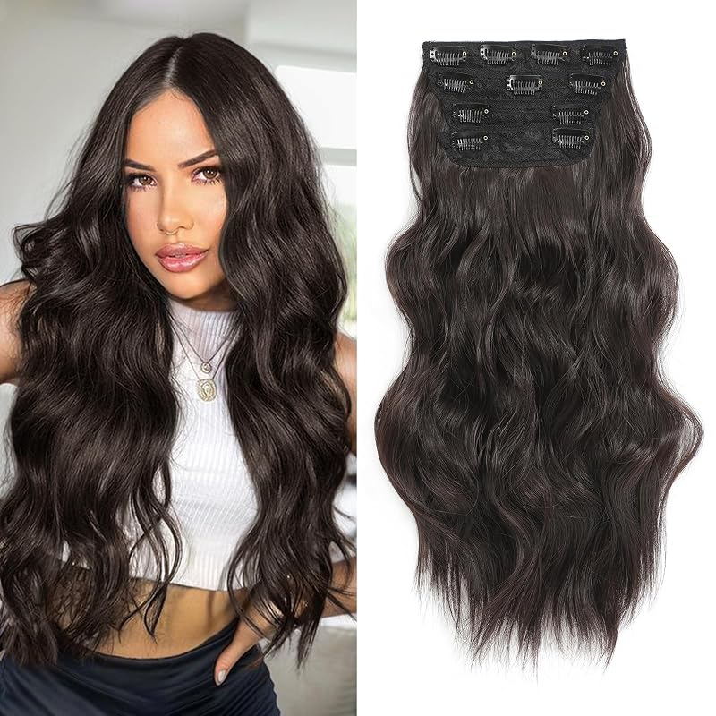 20” Brown Clip in Hair Extensions Long Wavy Synthetic Extensions for Women