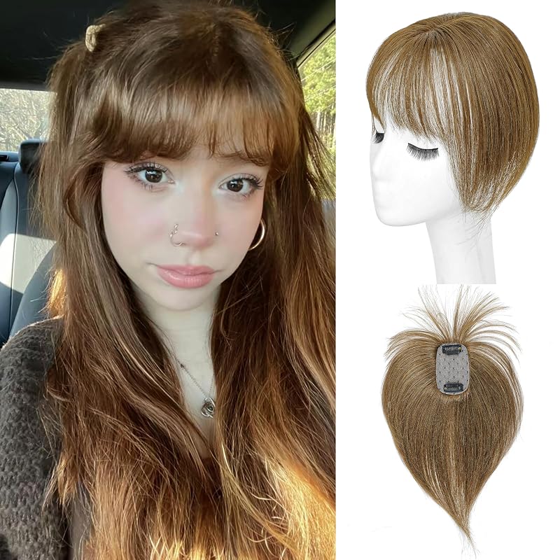 DinkyTims Hair Toppers for Women Real Human Hair - 360° Coverage Honey Brown Clip In Topper with Bangs for Thinning Hair Upgraded 5×9 cm Silk Base Ideal for Everyday Use