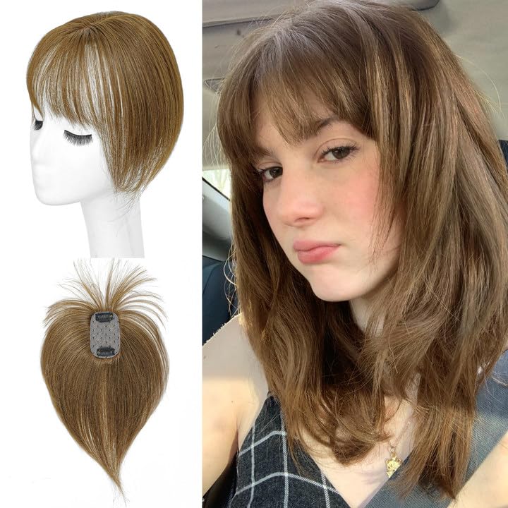 DinkyTims Hair Toppers for Women Real Human Hair - 360° Coverage Medium Brown Clip In Topper with Bangs for Thinning Hair Upgraded 5×9 cm Silk Base Ideal for Everyday Use