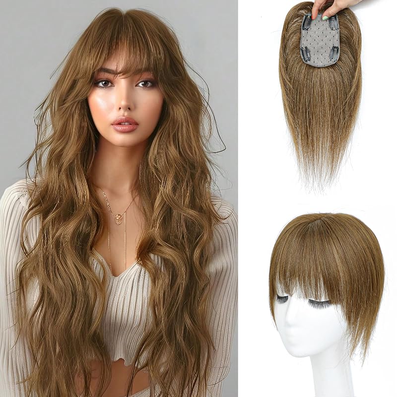 DinkyTims Hair Toppers for Women Real Human Hair - 360° Coverage Cool Medium Brown Clip In Topper with Bangs for Thinning Hair Upgraded 4×6 cm Silk Base Ideal for Everyday Use