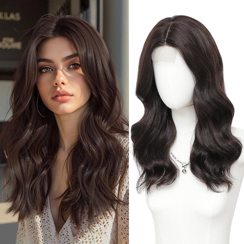 MORICA Dark Brown Wigs for Women, 18 Inch Wavy Middle Part Synthetic Wig