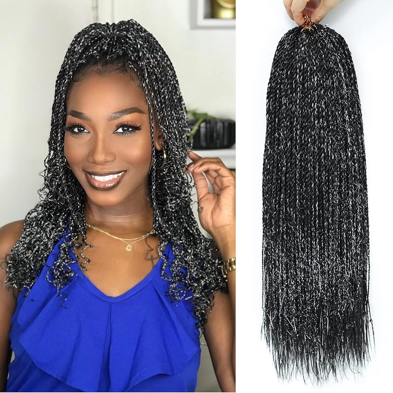 NAYOO Senegalese Twist Crochet Hair with Tinsels - 8 Packs 18 Inch Crochet Hair For Black Women, 35 Strands/Pack Small Twist Crochet Hair Hot Water Setting, Crochet Braids Hair (18 Inch, 1B/Tinsel)