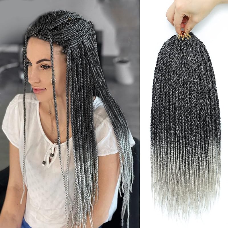 NAYOO Senegalese Twist Crochet Hair - 8 Packs 12 Inch Short Gray Crochet Hair For Black Women, 30 Strands/Pack Small Twist Crochet Hair Hot Water Setting, Crochet Twist Braids Hair (12 Inch, 1B/Gray)