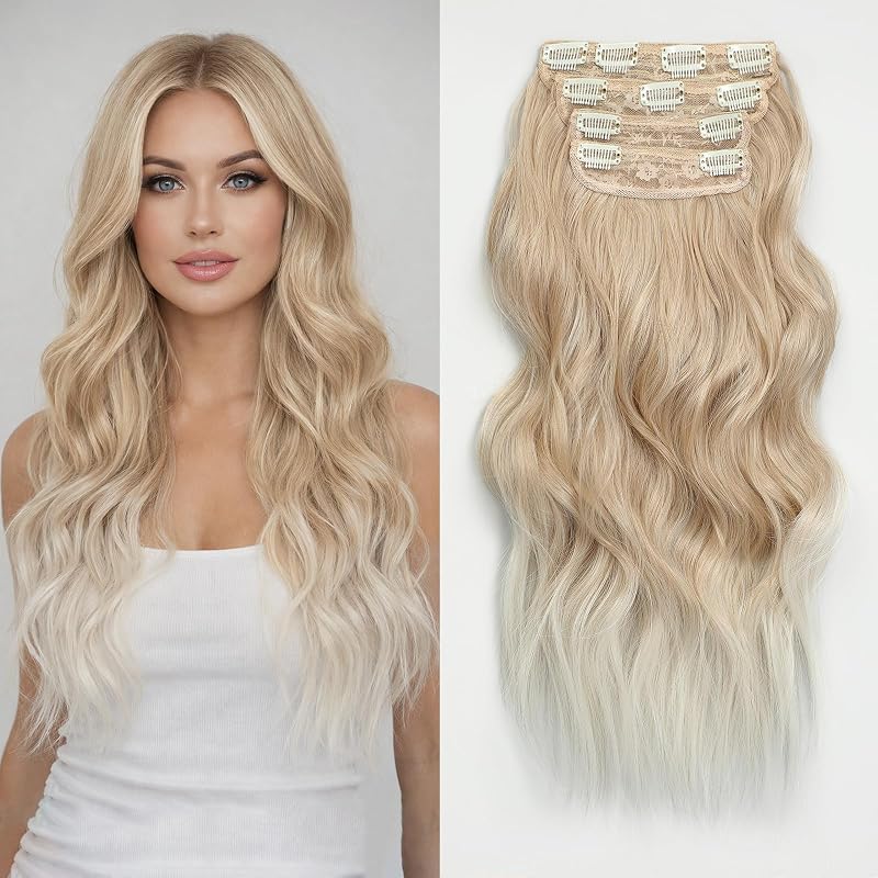 20” Blonde Clip in Hair Extensions Long Wavy Synthetic Extensions for Women