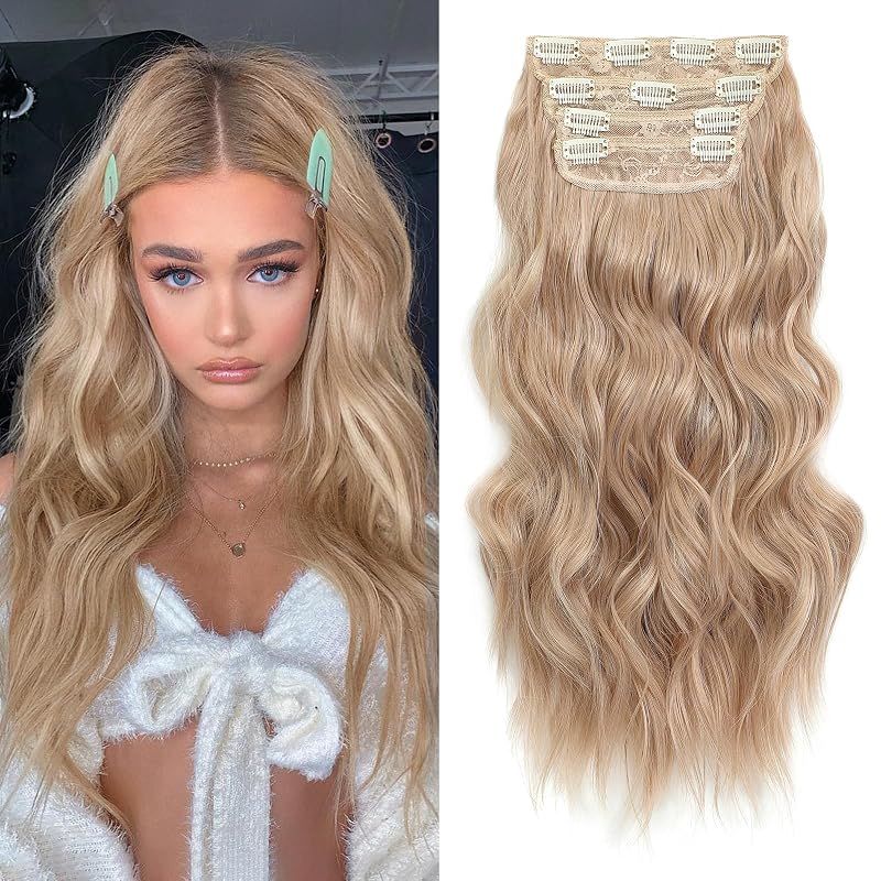 20” Blonde Clip in Hair Extensions Long Wavy Synthetic Extensions for Women