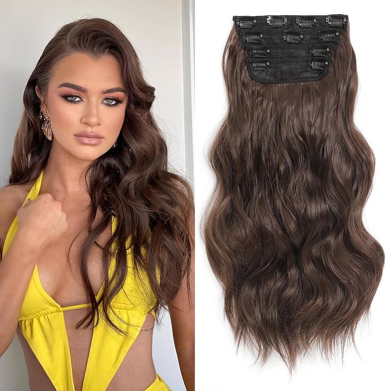 20” Brown Clip in Hair Extensions Long Wavy Synthetic Extensions for Women