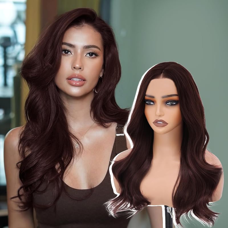 WECAN Reddish Brown Synthetic Lace Front Wig 13X4 Wavy Glueless Wig