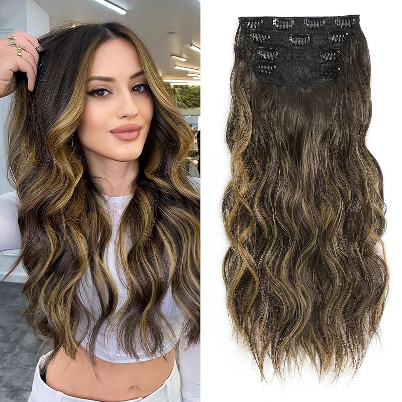 20” Brown Clip in Hair Extensions Long Wavy Synthetic Extensions for Women