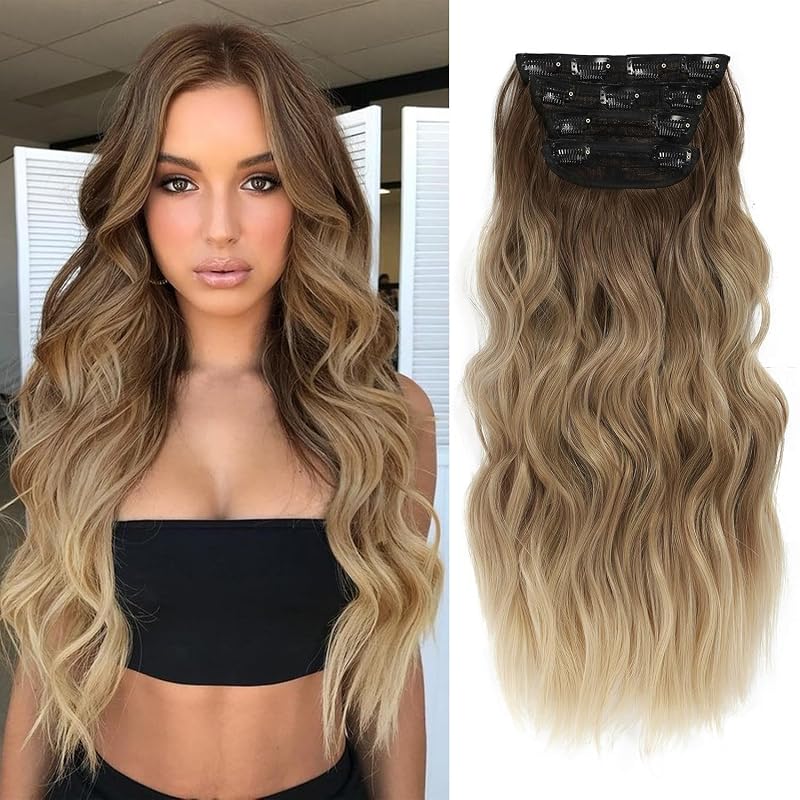 20” Brown Clip in Hair Extensions Long Wavy Synthetic Extensions for Women