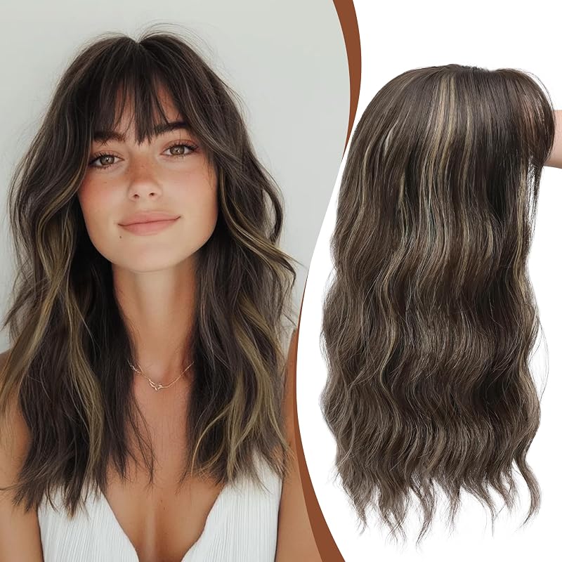 Hair Topper with Bangs 16 Inch Cool Ash Brown Wavy Hairpiece 6.5x6.5 Base