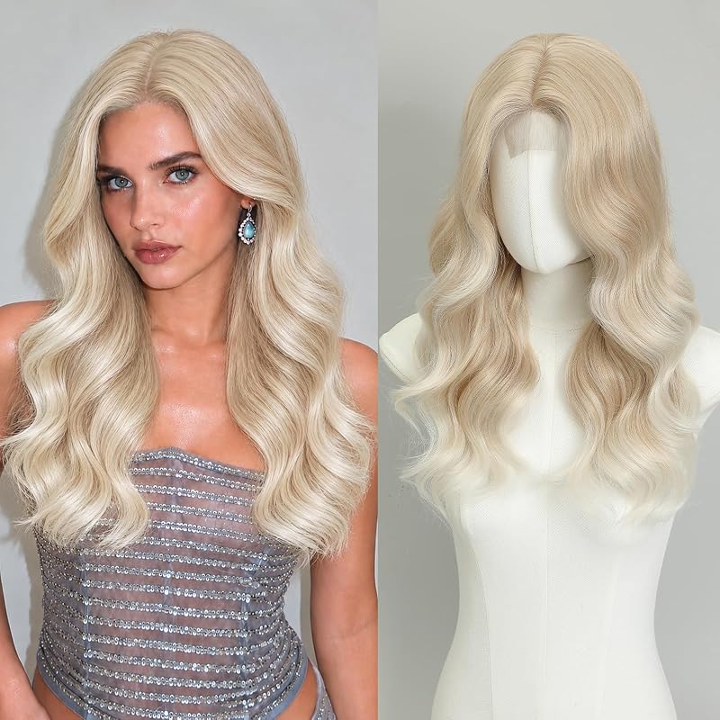MORICA Ombre Platinum Blonde Wigs for Women, 18 Inch Wavy Middle Part Wig