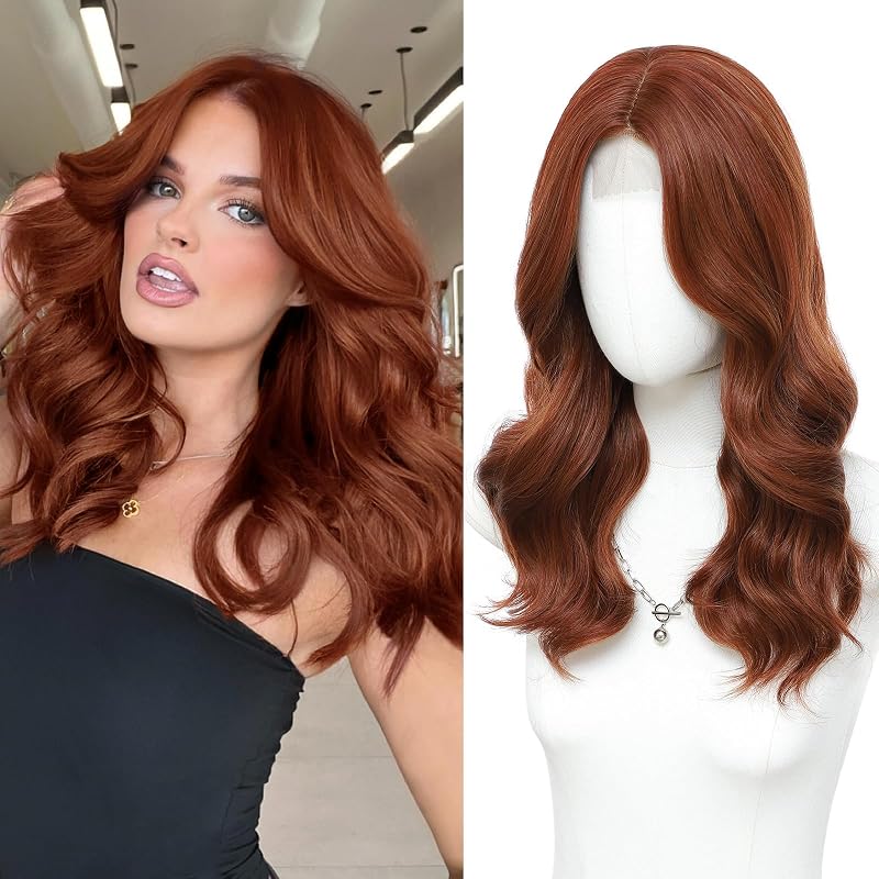 MORICA Auburn Wigs for Women, 18 Inch Wavy Middle Part Synthetic Wig