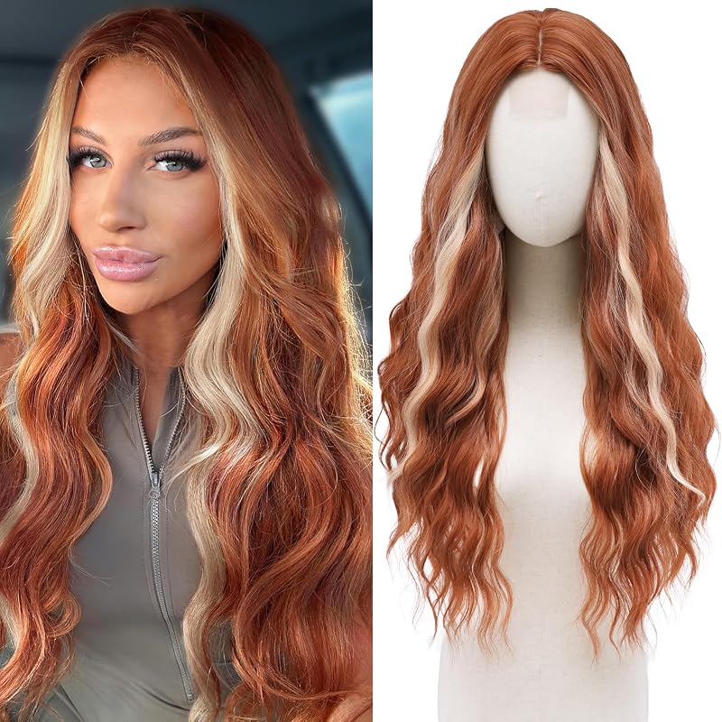 Cosplay Long Ginger Blonde Wig 28 Inch Middle Part Synthetic Wigs for Women