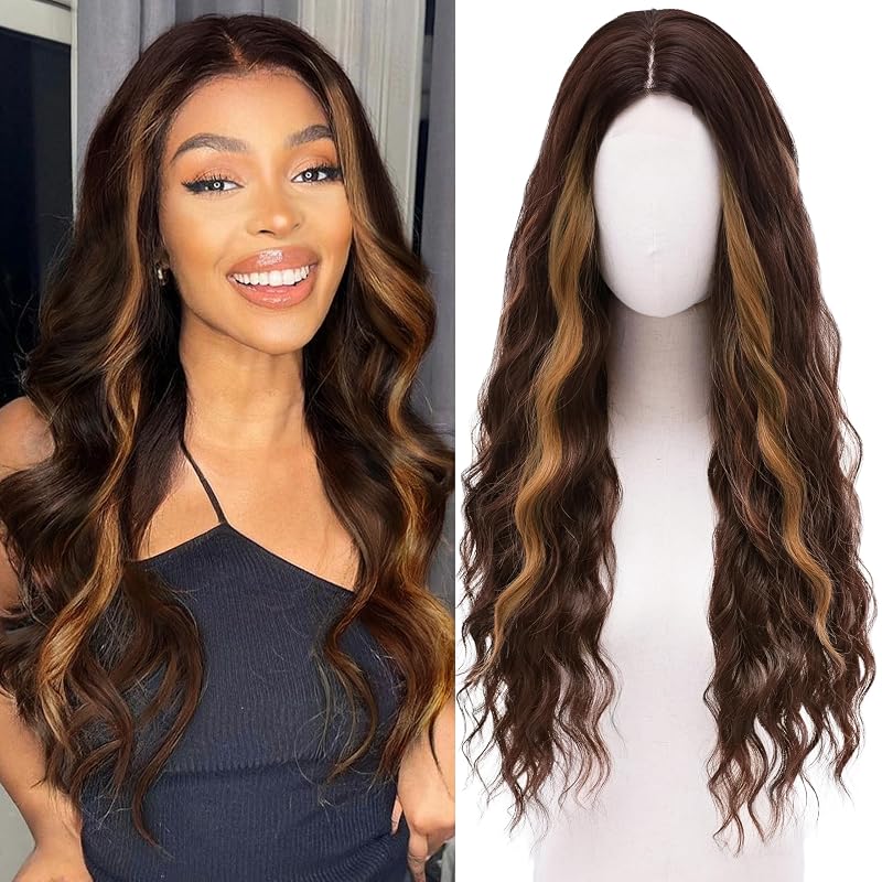 Cosplay Long Caramel Brown Wig 28 Inch Middle Part Synthetic Wigs for Women