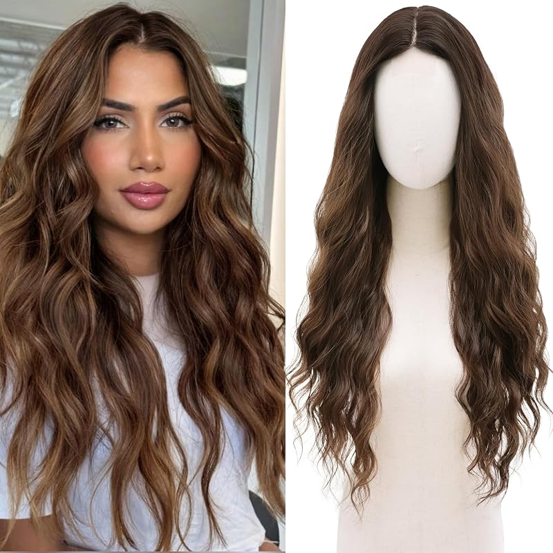 BUPPLER Cosplay Long Brown Wig 28 Inch Middle Part Synthetic Wigs for Women