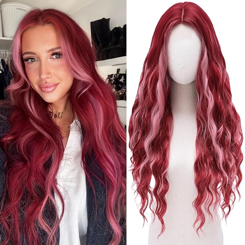 Cosplay Long Red Mix Pink Wig 28 Inch Middle Part Synthetic Wigs for Women