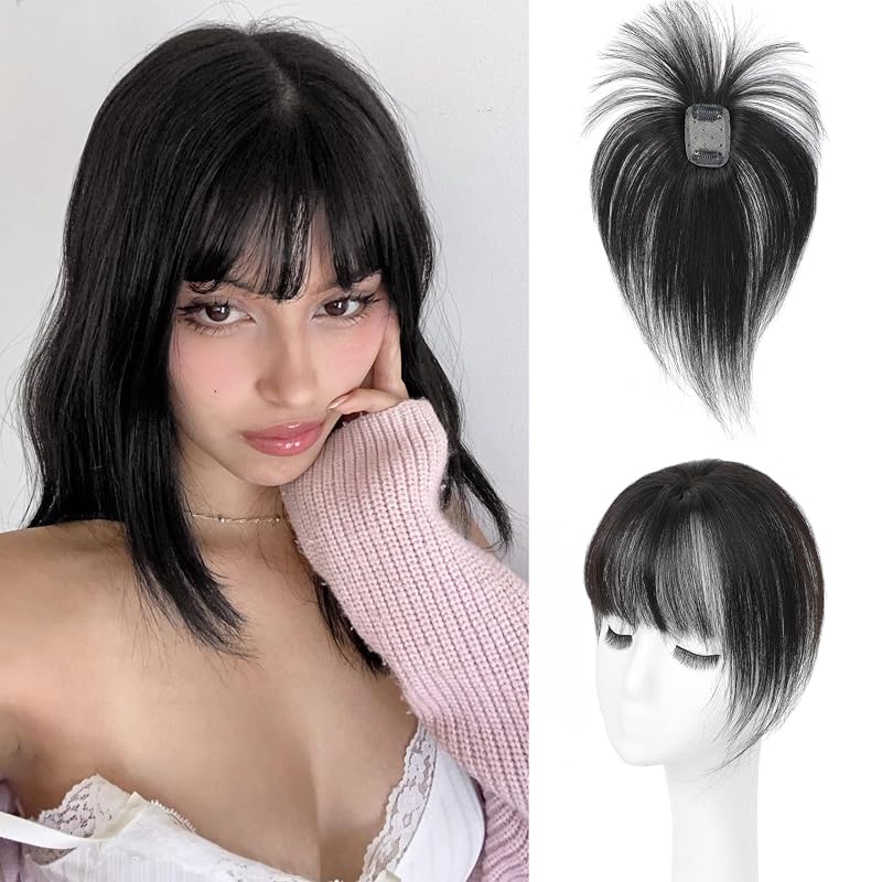 DinkyTims Hair Toppers for Women Real Human Hair - 360° Coverage Jet Black Clip In Topper with Bangs for Thinning Hair Upgraded 5x9 cm Silk Base Ideal for Everyday Use
