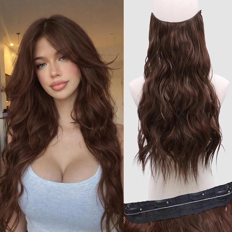 BUPPLER Halo Hair Extensions 20 Inch Invisible Wire Reddish Chocolate Brown