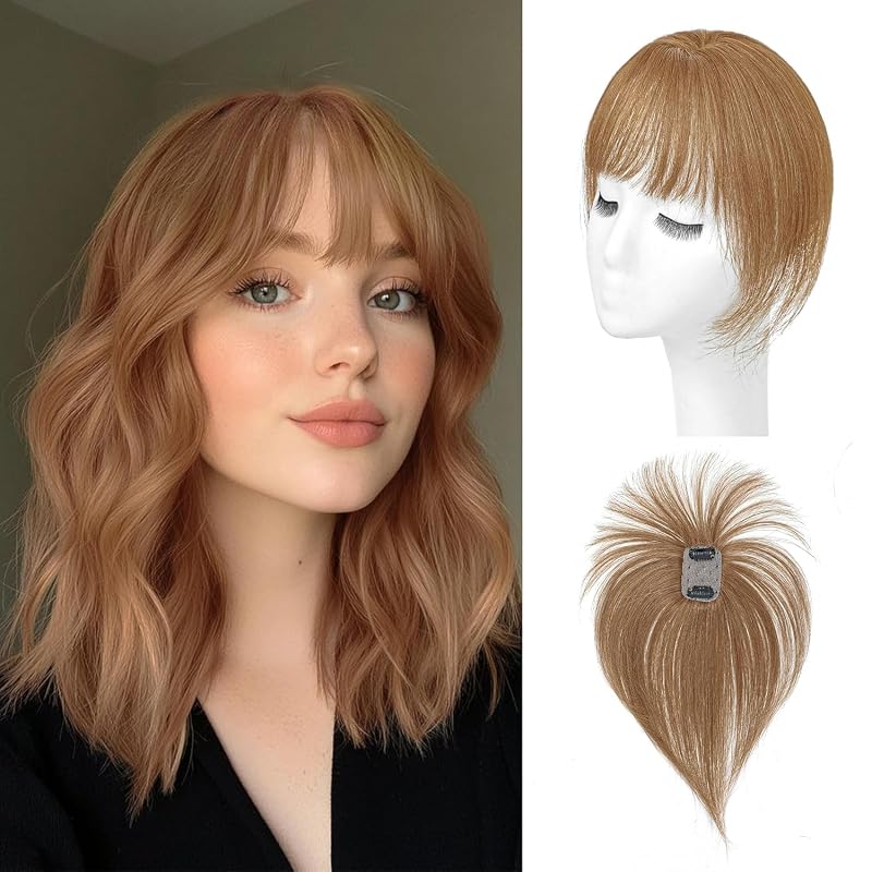 DinkyTims Hair Toppers for Women Real Human Hair - 360° Coverage Sun-kissed Light Brown Clip In Topper with Bangs for Thinning Hair Upgraded 4×6 cm Silk Base Ideal for Everyday Use