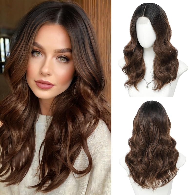 Ombre Brown Wavy Wig for Women, 18 Inch Middle Part Synthetic Wig