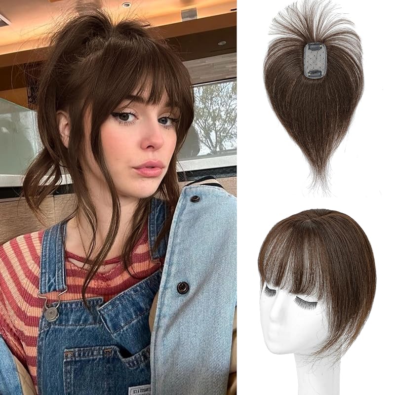 DinkyTims Hair Toppers for Women Real Human Hair - 360° Coverage Worm Dark Brown Clip In Topper with Bangs for Thinning Hair Upgraded 5x9 cm Silk Base Ideal for Everyday Use