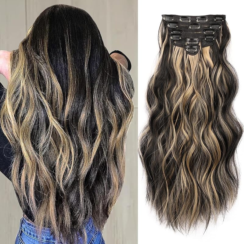 NAYOO Clip in Hair Extensions, 20 Inch Wavy Synthetic Hairpieces 6PCS