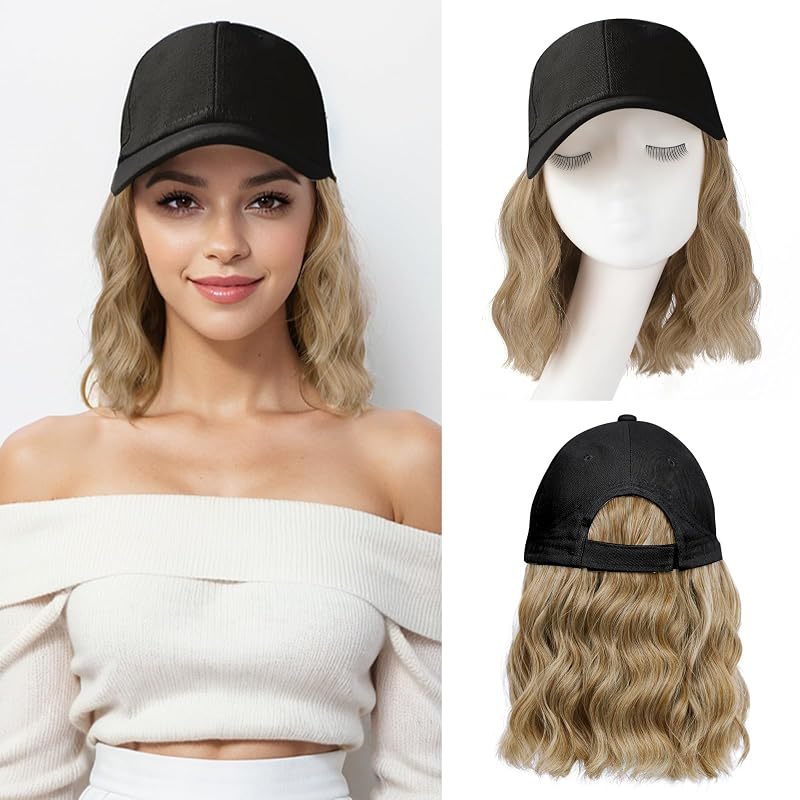Hat Wigs for Women Baseball Cap with Hair Extensions, 14inch