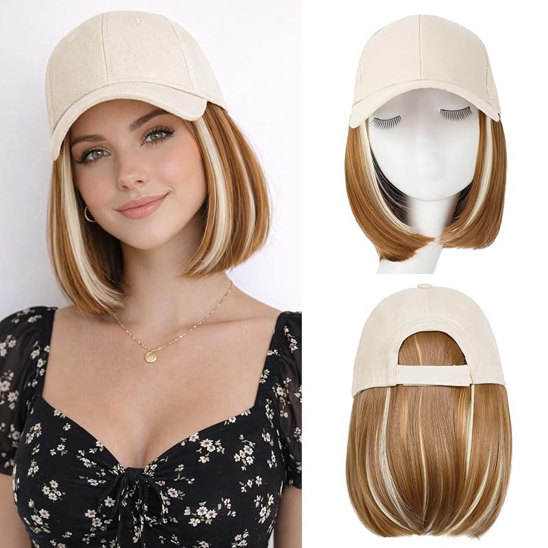 Hat Wigs for Women Baseball Cap with Hair Extensions, 12inch