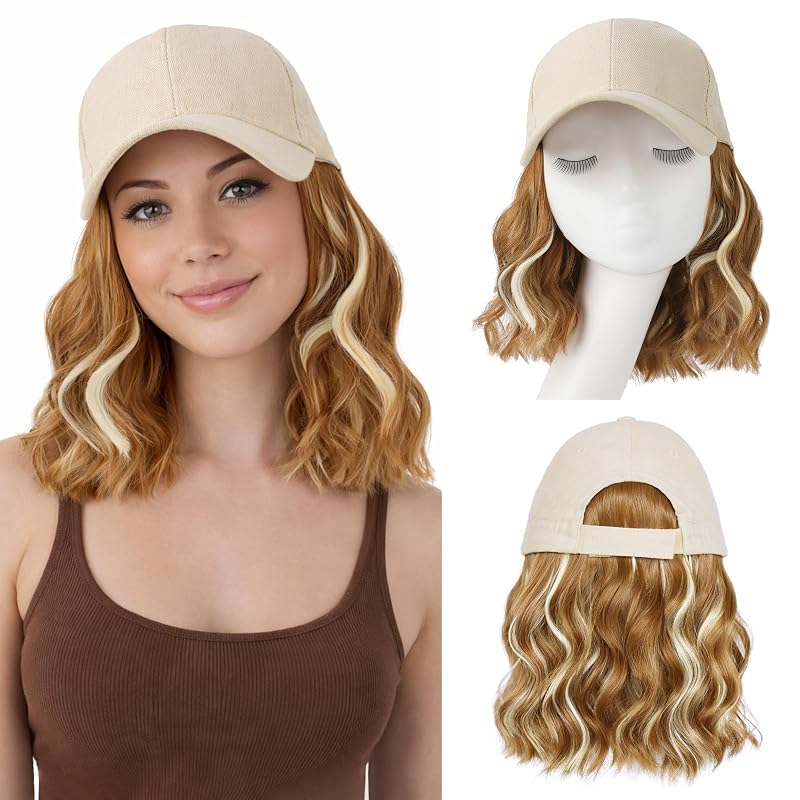 Hat Wigs for Women Baseball Cap with Hair Extensions, 14inch
