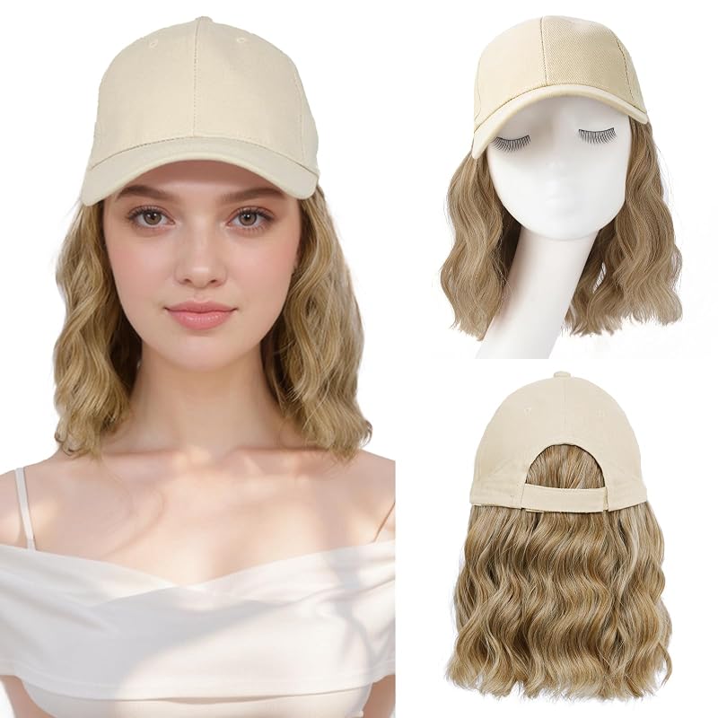 Hat Wigs for Women Baseball Cap with Hair Extensions, 14inch