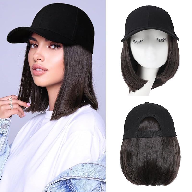 Hat Wigs for Women Baseball Cap with Hair Extensions, 12inch