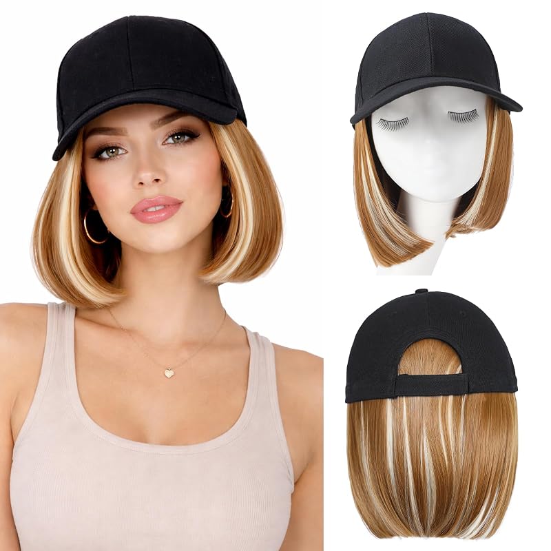 Hat Wigs for Women Baseball Cap with Hair Extensions, 12inch