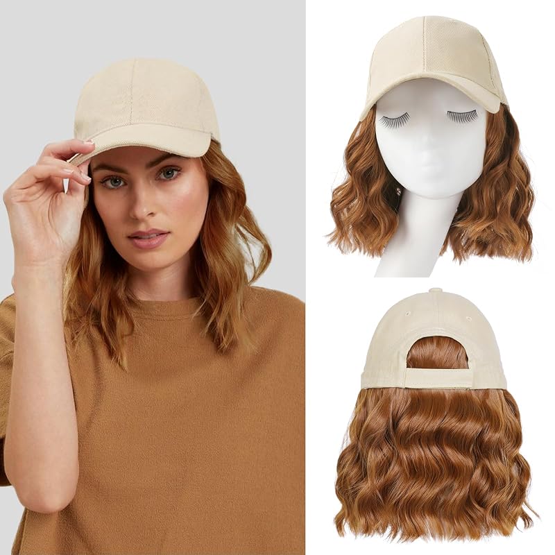 Hat Wigs for Women Baseball Cap with Hair Extensions Short Wave Synthetic baseball Cap Wig for Women Adjustable Hat with Hair Attached for Daily Use(14inch)