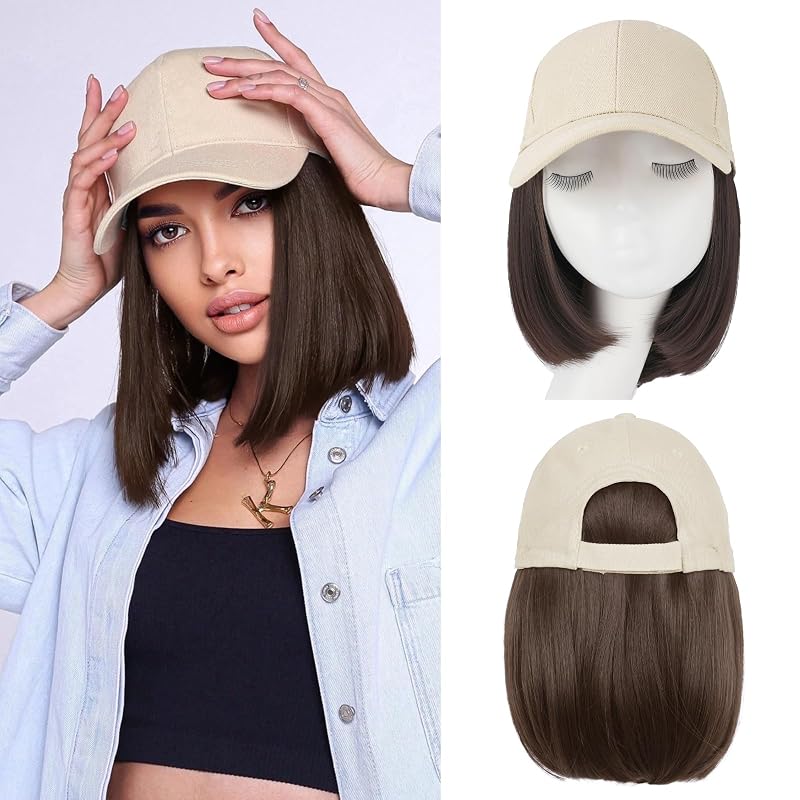 Hat Wigs for Women Baseball Cap with Hair Extensions, 12inch
