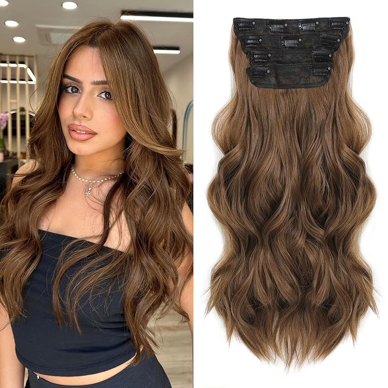 20” Brown Clip in Hair Extensions Long Wavy Synthetic Extensions for Women