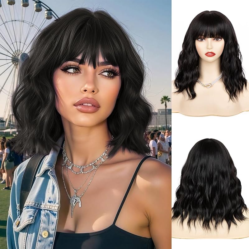 NAYOO Black Wig with Bangs, 14 Inch Black Bob Wig with Bangs for Women, Shoulder Length Short Black Wig for Daily Party Use