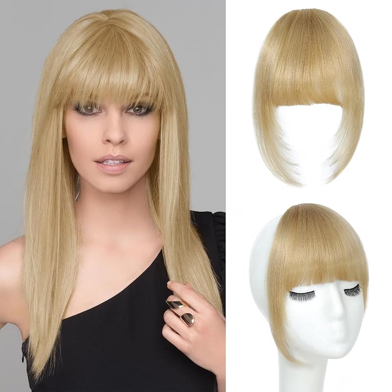 Clip in Bangs Human Hair Hairpiece for Women (Blonde, French Bangs)