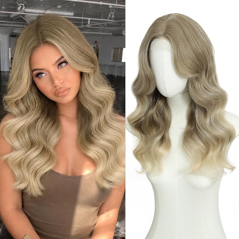 MORICA Ash Blonde Wigs for Women, 18 Inch Wavy Middle Part Synthetic Wig